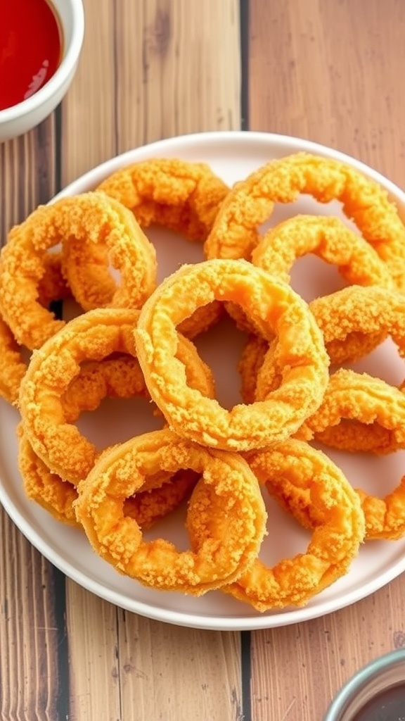 Crispy air fryer onion rings on a plate with a small bowl of ketchup for dipping.